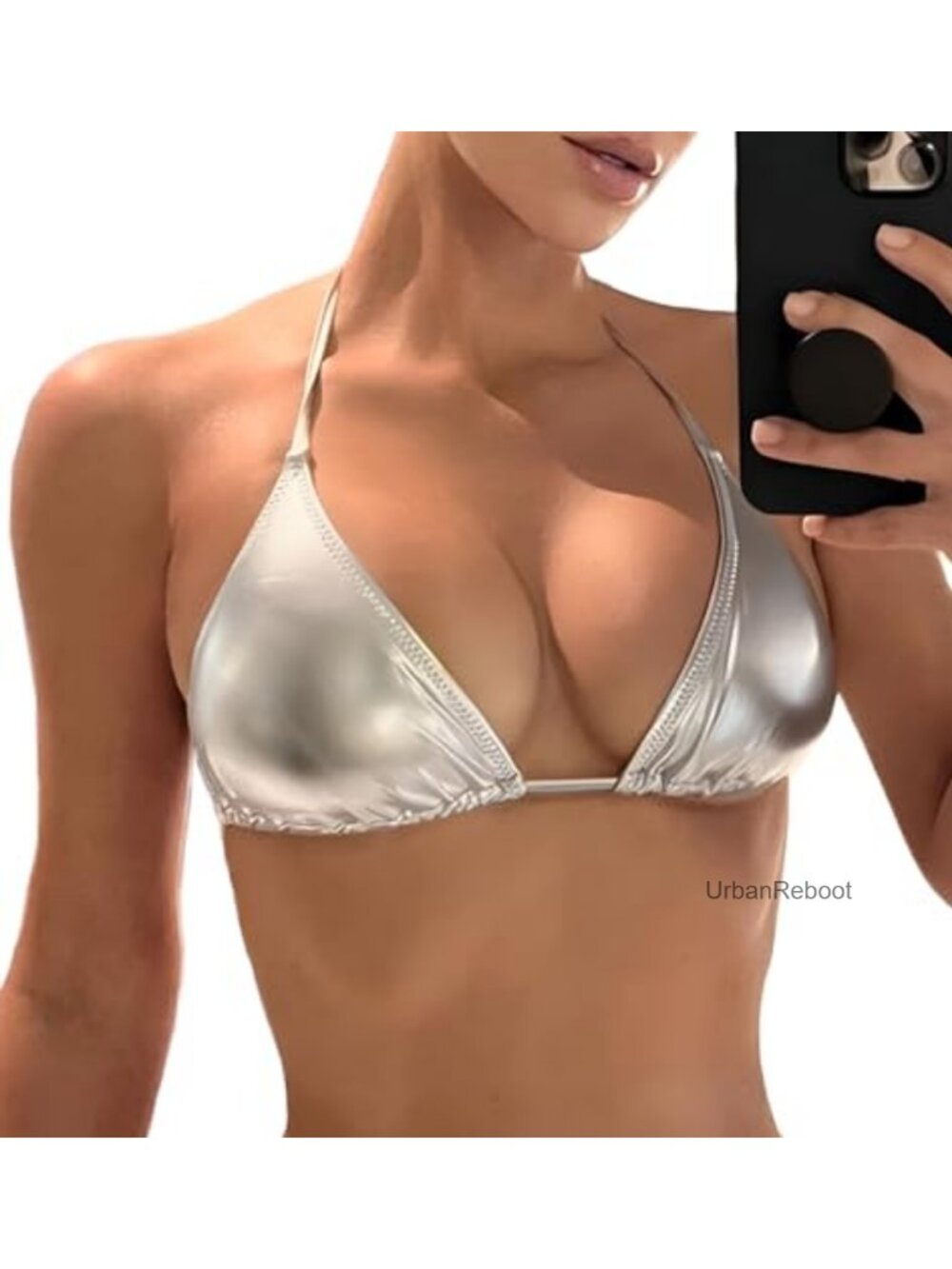 Women's Metallic Halter Triangle Bikini Top Tie Backless Rave Swimwear